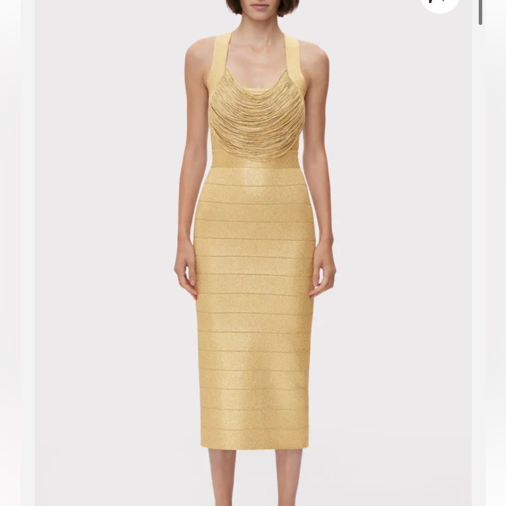 NWT HERVE LEGER DISCO KNIT FRINGE S/L MIDI DRESS IN GOLD